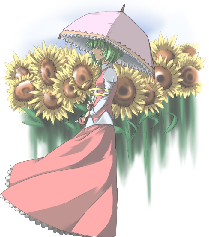 flower green_hair haruichi kazami_yuuka lonely long_skirt parasol profile short_hair skirt skirt_set sunflower tears touhou umbrella vest wind