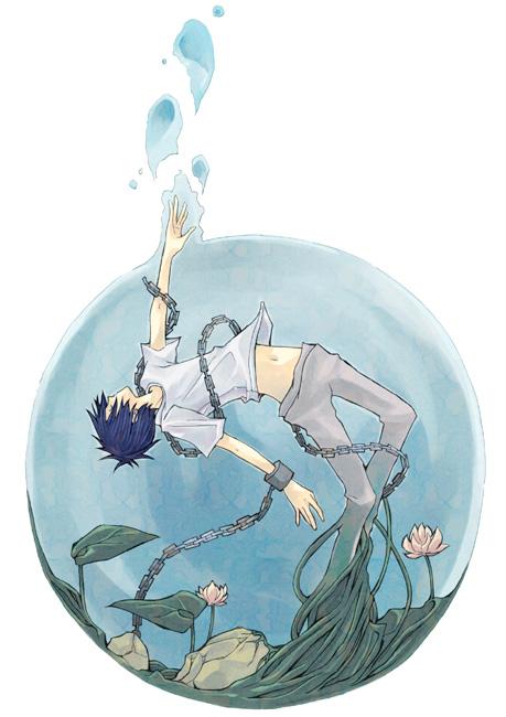 androgynous artist_request blue_hair chains drowning pants shackle short_hair underwater water