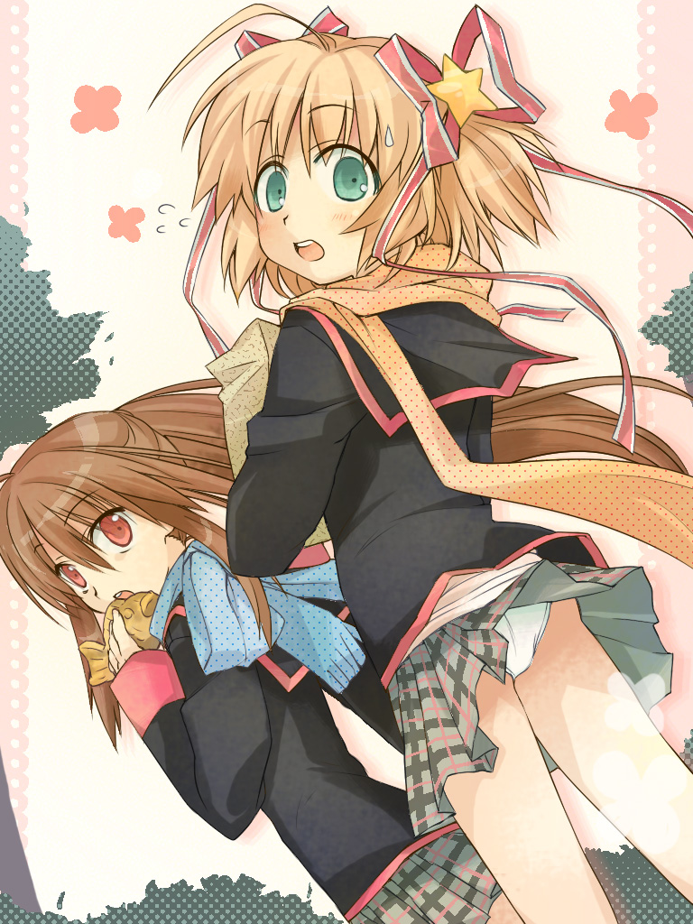 :o blonde_hair brown_hair food furui_suguri green_eyes hair_ribbon kamikita_komari little_busters! little_busters!! looking_back multiple_girls natsume_rin panties pantyshot ribbon scarf school_uniform short_hair surprise surprised taiyaki underwear wagashi white_panties