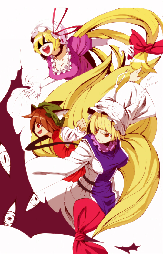 animal_ears blonde_hair breasts brown_hair cat_ears chen cleavage earrings fox_tail gap hair_ribbon hat jewelry multiple_girls multiple_tails peptide ribbon tail touhou yakumo_ran yakumo_yukari