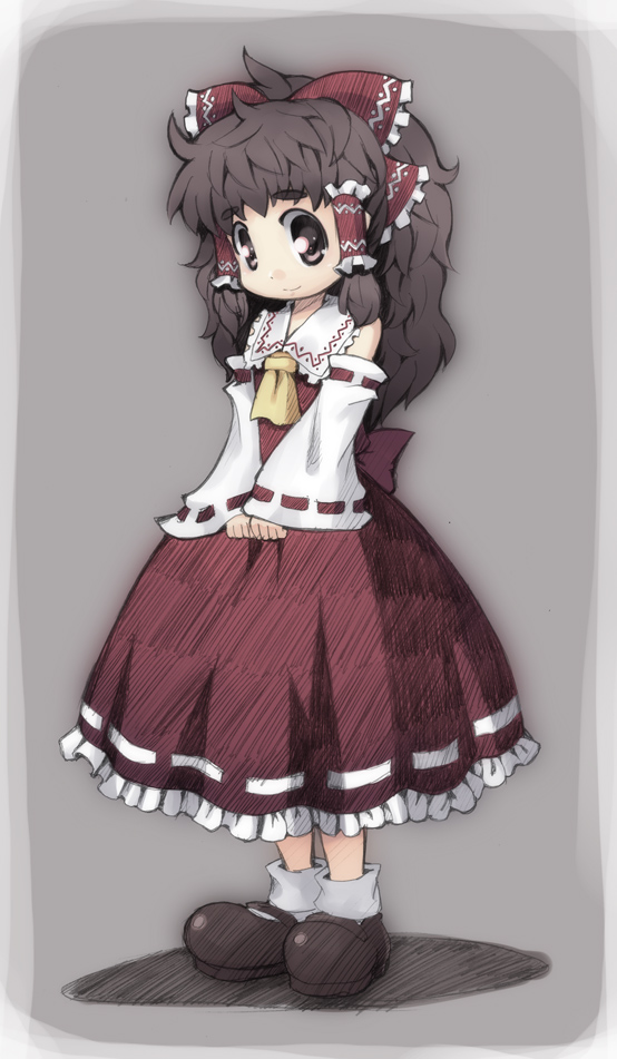 black_eyes black_hair bow brown_eyes brown_hair detached_sleeves eyebrows hair_bow hakurei_reimu kanno large_shoes mary_janes shoes short_hair smile solo standing touhou