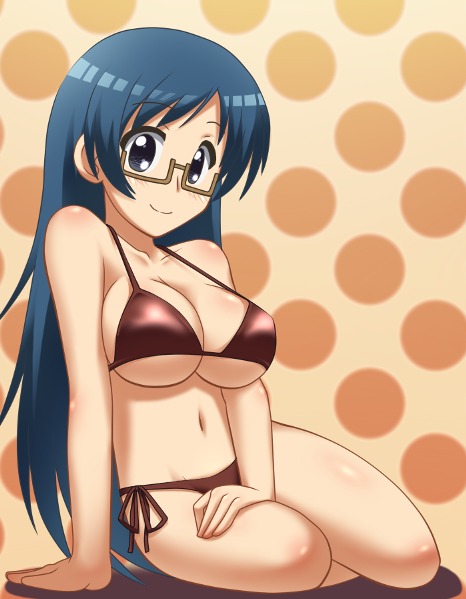 awa bikini blue_hair breasts glasses kanamemo large_breasts nishida_haruka side-tie_bikini sitting solo string_bikini swimsuit