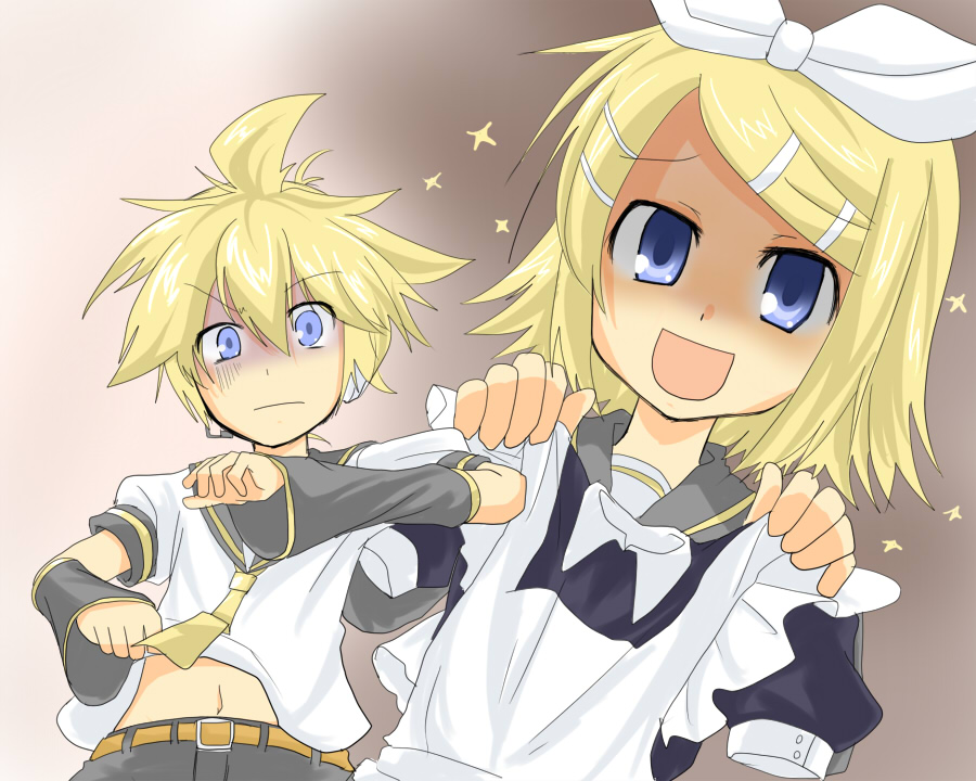 blonde_hair blue_eyes enmaided hair_ribbon headphones kagamine_len kagamine_rin maid ribbon scared short_hair siblings tetora(kari) twins vocaloid