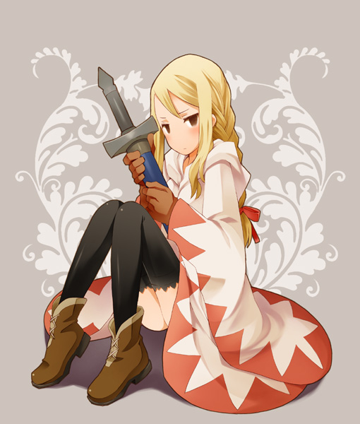 b.tarou blonde_hair blush braid brown_eyes class_change final_fantasy final_fantasy_tactics gloves robe shoes sitting solo sword thigh-highs thighhighs weapon white_mage white_mage_(fft)