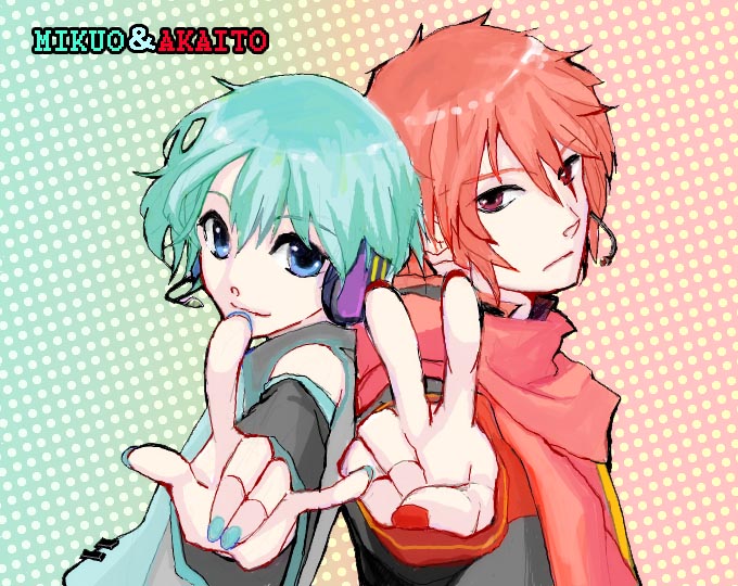 2boys \m/ akaito aqua_hair back-to-back back_to_back bad_id blue_eyes genderswap hands hatsune_mikuo headphones headset honoka_(ranukirai) multiple_boys nail_polish red_eyes red_hair redhead scarf short_hair smile v vocaloid