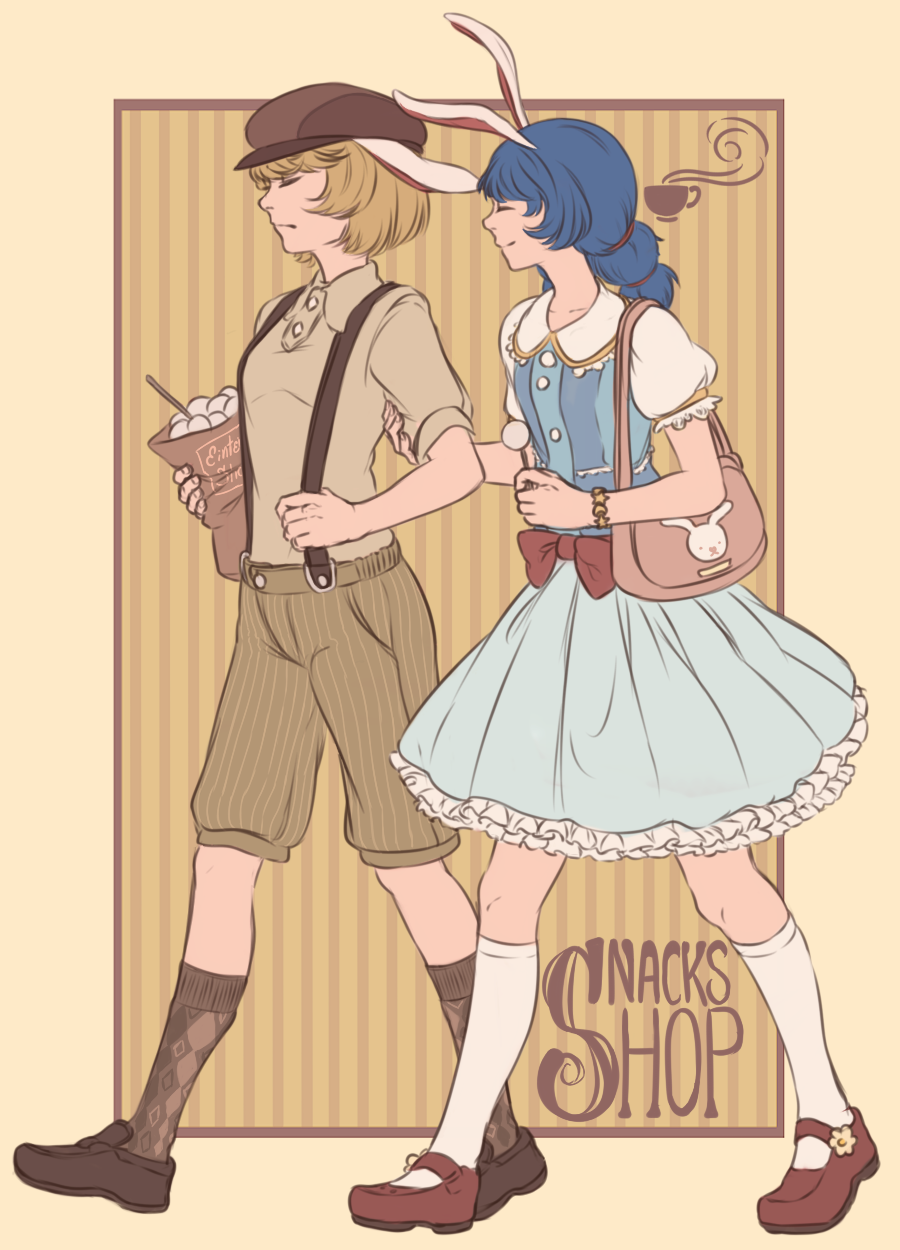2girls ^_^ alternate_costume animal_ears arm_holding bag blonde_hair blue_dress blue_hair bow bracelet buttons closed_eyes coffee_cup collarbone commentary dango dress flat_cap flower food frills frown handbag hat highres jewelry kneehighs loafers long_hair mary_janes mefomefo moon multiple_girls pinstripe_pattern polo_shirt puffy_sleeves rabbit rabbit_ears ringo_(touhou) seiran_(touhou) shoes short_sleeves shorts smile socks star steam suspenders touhou wagashi