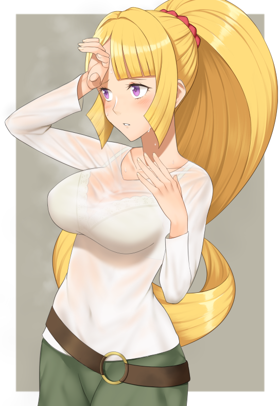 1girl belt blonde_hair blush bra collarbone gundam_tekketsu_no_orphans hot kudelia_aina_bernstein long_hair long_sleeves navel parted_lips ponytail see-through shiny shiny_hair solo sweat sweating sweating_profusely tsuchifumazu underwear violet_eyes wet wet_clothes wiping_sweat