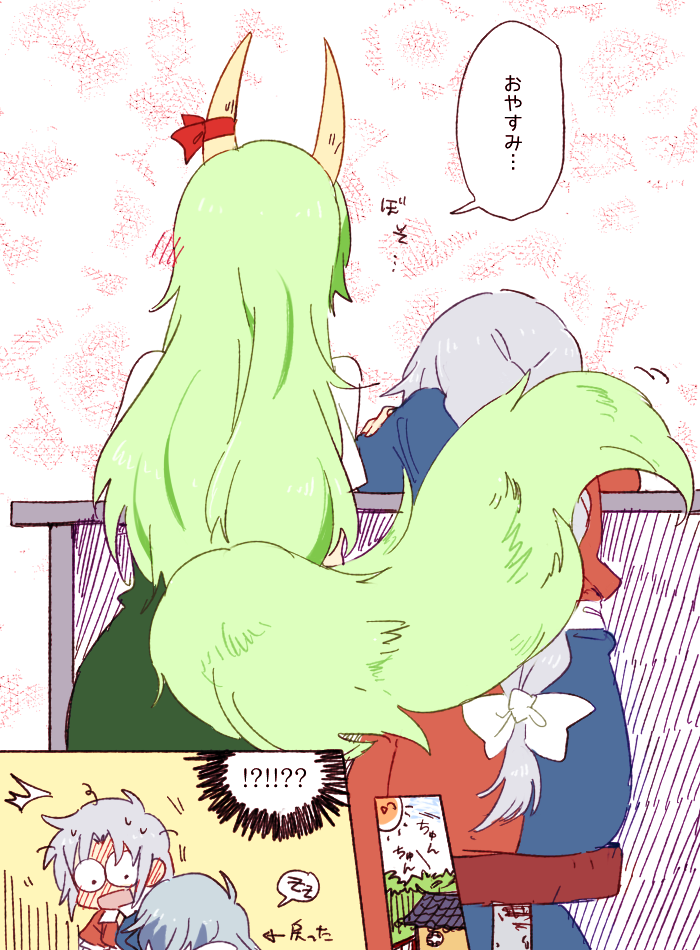 2girls blush bow braid comic ex-keine full-body_blush green_hair hair_bow horn_bow horns kamishirasawa_keine long_hair messy_hair multiple_girls open_mouth silver_hair single_braid six_(fnrptal1010) sleeping stool sweat tail touhou translated yagokoro_eirin zzz