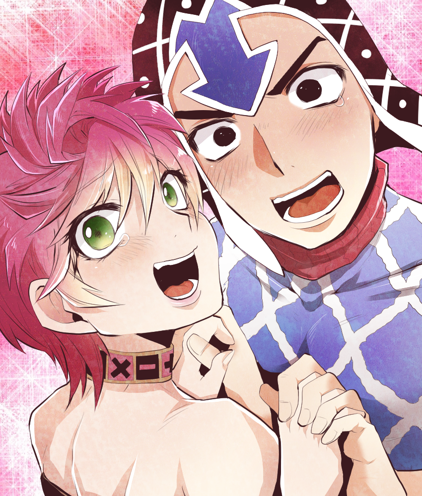 1boy 1girl black_eyes fureko029 green_eyes guido_mista hat jojo_no_kimyou_na_bouken pink_hair short_hair trish_una