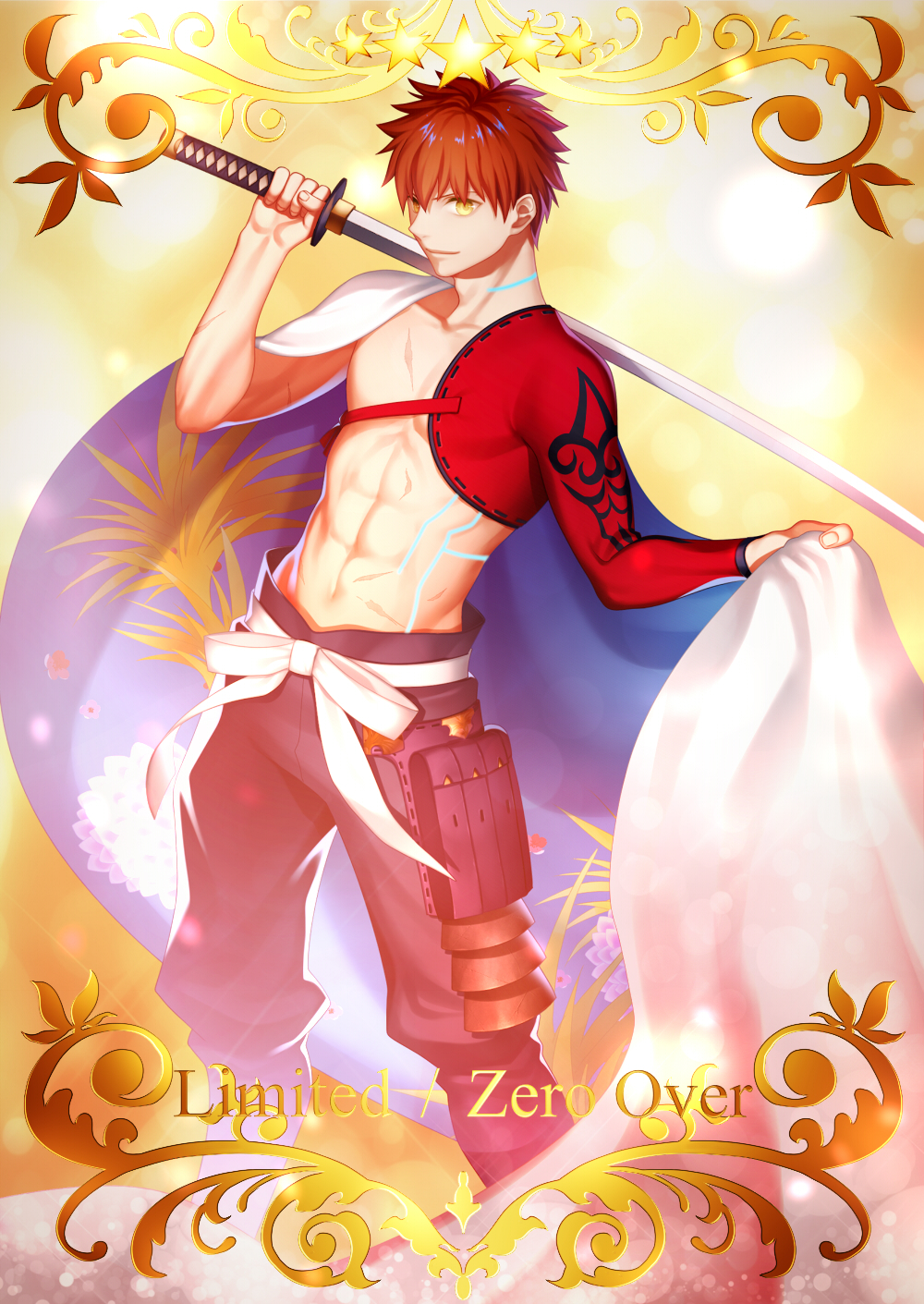 1boy abs arkray armor bangs border brown_hair emiya_shirou fate/grand_order fate/stay_night fate_(series) floral_print hakama highres holding_sword holding_weapon japanese_clothes looking_at_viewer male_focus nagatekkou navel over_shoulder pants red_eyes ribbon ribbon_trim solo star sword sword_over_shoulder text weapon weapon_over_shoulder white_ribbon yellow_eyes