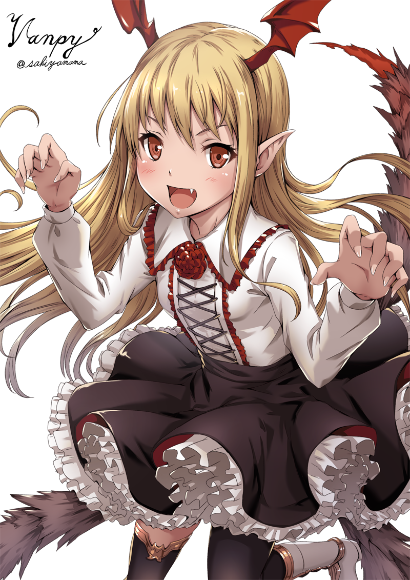 1girl :d artist_name blonde_hair blush character_name granblue_fantasy head_wings long_hair open_mouth pointy_ears red_eyes sakiyamama simple_background smile solo thigh-highs twitter_username vampy white_background