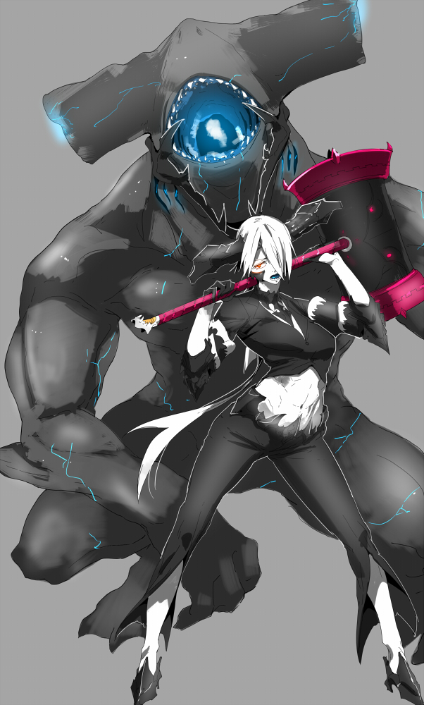 1girl abs collar commentary_request fins formal gills gloves glowing glowing_eyes glowing_mouth hammer height_difference high_heels kantai_collection midriff monster monster_girl navel orange_eyes original over_shoulder pant_suit personification saliva shark shinkaisei-kan size_difference sleeves_rolled_up squatting suit teeth toned torichamaru weapon weapon_over_shoulder white_hair