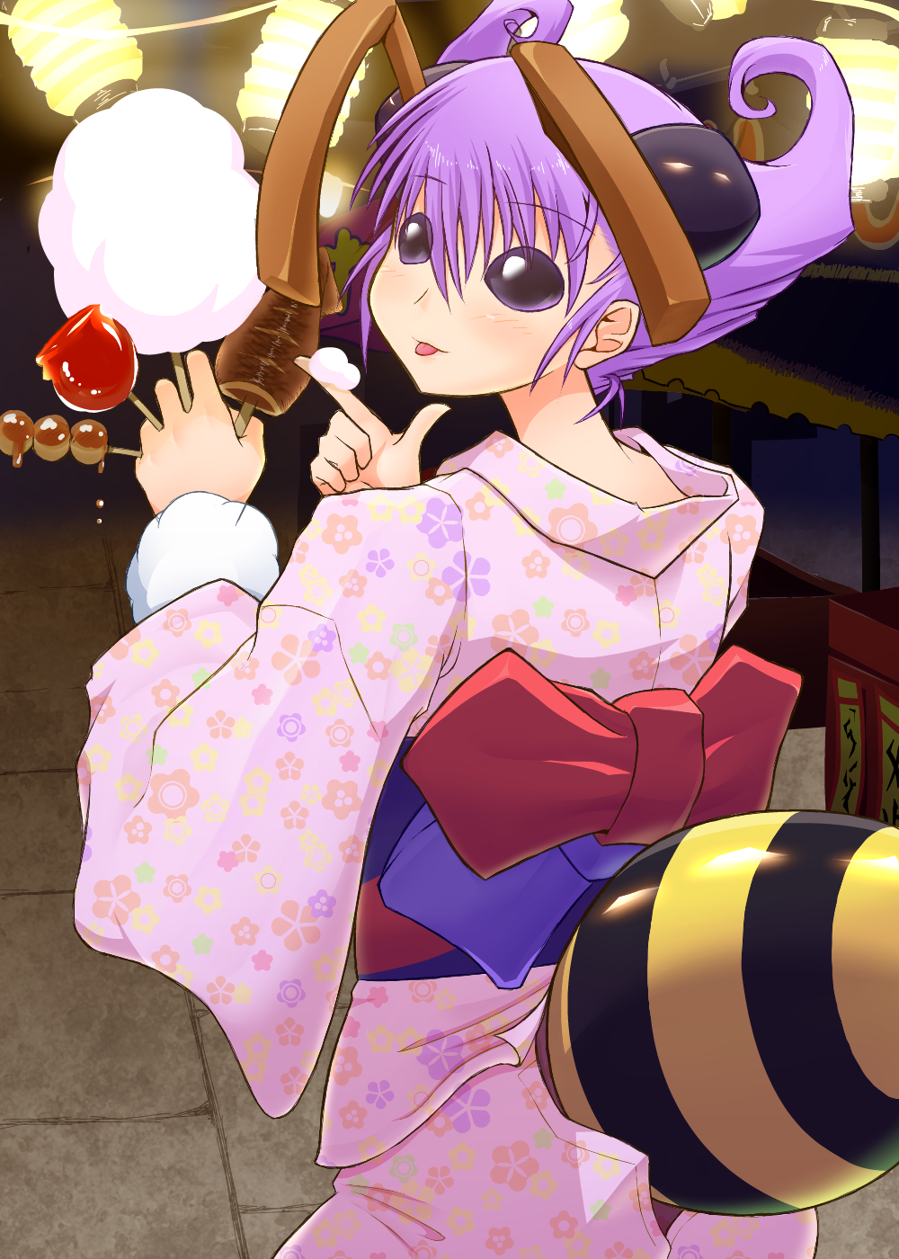 1girl :p antennae between_fingers black_eyes candy_apple cotton_candy floral_print food_on_finger highres insect_girl japanese_clothes kimono lantern maximum_tokio no_pupils q-bee solo squid summer_festival takoyaki tongue tongue_out unmoving_pattern vampire_(game) violet_eyes yukata