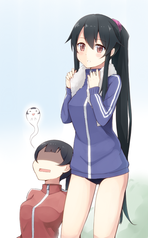 2girls :d agano_(kantai_collection) alternate_costume alternate_hairstyle black_hair breasts buruma commentary giving_up_the_ghost gym_uniform hair_ornament jacket kantai_collection long_hair looking_at_viewer multiple_girls open_mouth ponytail rectangular_mouth red_eyes scrunchie shaded_face simple_background sitting smile standing sui_(tsuruhibiki) towel towel_around_neck track_jacket yahagi_(kantai_collection) zipper