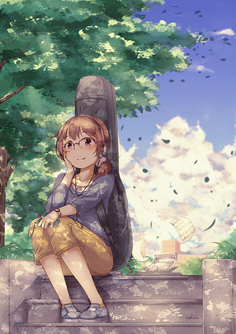 1girl :3 brown_hair capri_pants cellphone glasses hand_on_headphones headphones instrument_case long_sleeves original pants phone semi-rimless_glasses sheet_music short_twintails sitting sky smartphone smile solo stairs sweater tree twintails violet_eyes