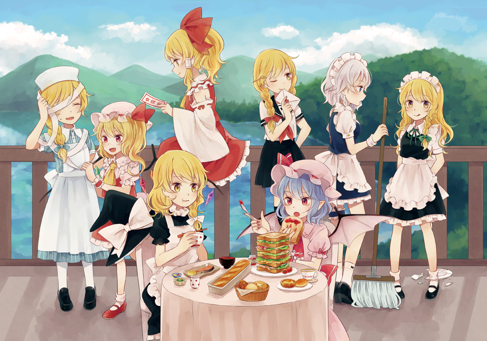 6+girls alternate_costume apron arms_behind_back ascot balcony bat_wings black_dress black_shoes blonde_hair blue_dress blue_eyes blue_hair blue_sky blush bow bowl braid bread broken_plate chair chopsticks clouds cookie detached_sleeves dress eating enmaided fang flandre_scarlet floating food forest frilled_apron frilled_collar frilled_skirt frills hair_bow hair_tubes hakurei_reimu hakurei_reimu_(cosplay) hand_on_hip hat hat_bow hat_removed headwear_removed high_heels izayoi_sakuya jam kirisame_marisa lake letter long_hair looking_at_another looking_away looking_down love_letter maid maid_apron maid_headdress mary_janes misty_lake mob_cap mop mountain mozukuzu_(manukedori) multiple_girls multiple_persona nail_polish nature nurse nurse_cap one_eye_closed pink_shirt pink_skirt pointy_ears ponytail puffy_short_sleeves puffy_sleeves red_eyes red_nails red_shoes red_skirt red_vest remilia_scarlet ribbon ribbon-trimmed_sleeves ribbon_trim salmon sandwich school_uniform shirt shoes short_dress short_hair short_sleeves side_braid side_ponytail silver_hair single_braid sitting skirt sky sleeveless sleeveless_dress sock_bow socks spoon striped striped_dress sweatdrop table tablecloth talisman talking tongue tongue_out touhou white_legwear wings witch_hat wrist_cuffs yellow_eyes