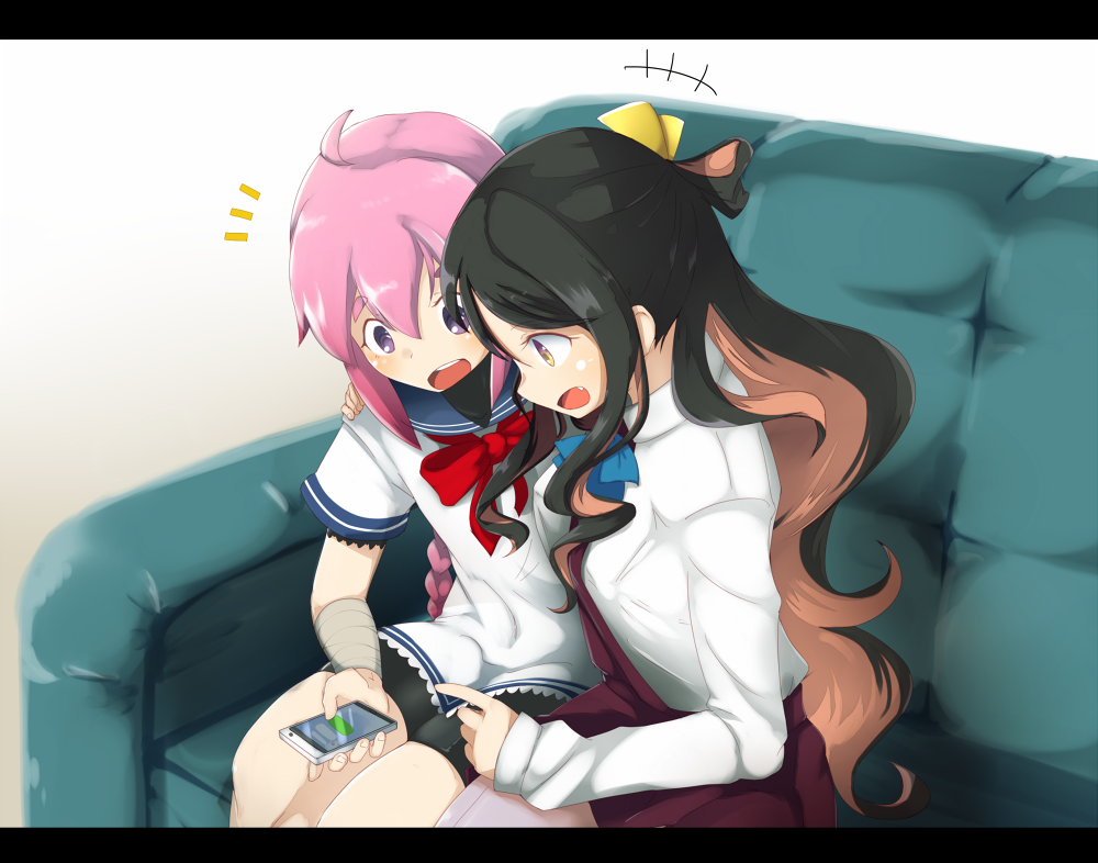 2girls black_hair cellphone couch hair_ribbon kantai_collection letterboxed long_hair multicolored_hair multiple_girls naganami_(kantai_collection) nassukun nenohi_(kantai_collection) open_mouth phone pink_hair ribbon school_uniform sitting skirt smartphone smile yellow_eyes