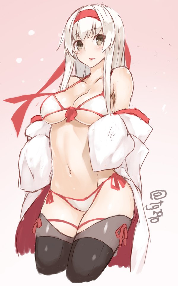 1girl bikini bikini_under_clothes black_legwear breasts brown_eyes cleavage cropped_legs front-tie_top goekawa gradient gradient_background hairband headband kantai_collection large_breasts long_hair navel off_shoulder open_mouth shoukaku_(kantai_collection) side-tie_bikini sidelocks simple_background sleeves_past_wrists solo swimsuit swimsuit_under_clothes thigh-highs white_bikini white_hair white_swimsuit