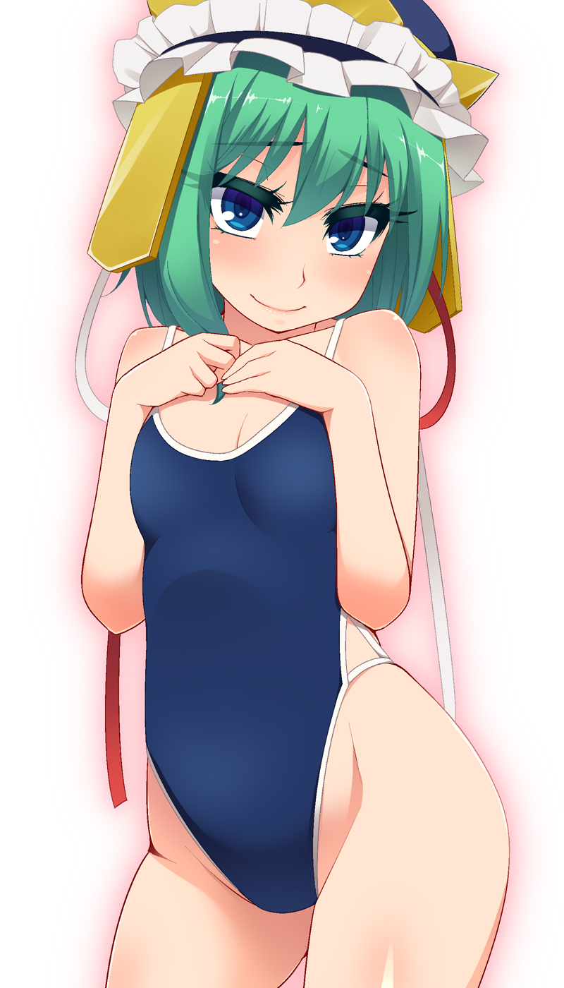 1girl blue_eyes body_blush collarbone commentary_request competition_school_swimsuit competition_swimsuit green_hair hat hat_ribbon hayashi_custom highres looking_at_viewer lovestruck one-piece_swimsuit playing_with_own_hair ribbon shikieiki_yamaxanadu smile solo swimsuit touhou