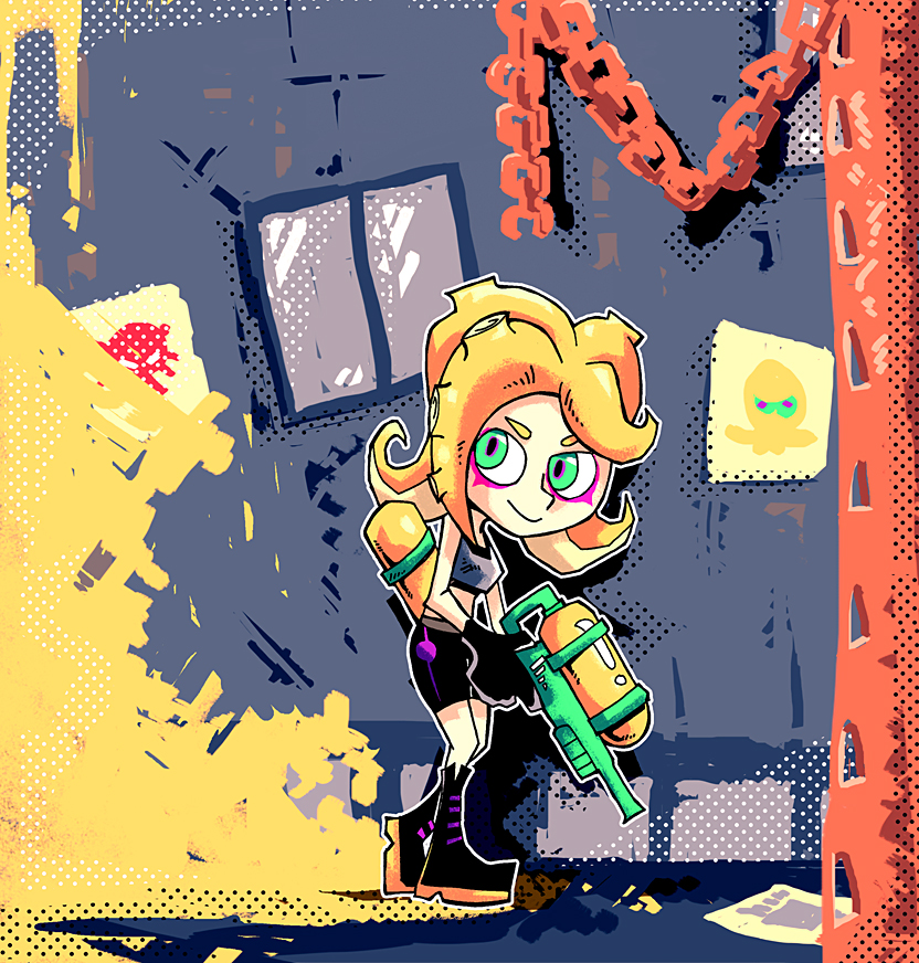 1girl alley bike_shorts blonde_hair boots glitch green_eyes knee_boots octarian paint_splatter setz splatoon splattershot takozonesu tentacle_hair