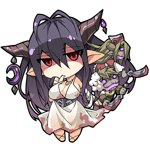 1girl antenna_hair bandaged_arm bandages bangs black_gloves blood blood_stain bloody_clothes bloody_dress breasts chibi cleavage corset crescent danua doll doraf dress fingerless_gloves full_body gloves granblue_fantasy gretel_(granblue_fantasy) hair_between_eyes hansel_(granblue_fantasy) horn_ornament horns jewelry large_breasts long_hair lowres necklace nyagakiya pointy_ears purple_hair red_eyes simple_background solo stuffed_toy thumb_sucking white_background white_dress