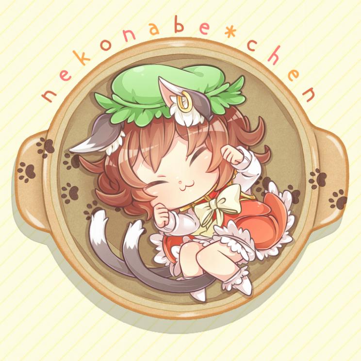 1girl :3 ^_^ animal_ears brown_hair cat_ears cat_tail chen closed_eyes closed_mouth commentary dress green_hat hat ibarashiro_natou jewelry long_sleeves mob_cap multiple_tails nekomata red_dress short_hair single_earring solo tail touhou two_tails