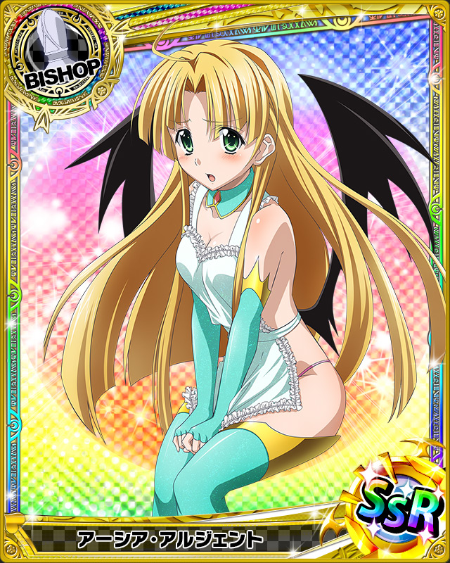 1girl apron asia_argento bishop_(chess) blonde_hair breasts card_(medium) character_name chess_piece cleavage demon_wings detached_sleeves green_eyes high_school_dxd long_hair looking_at_viewer nearly_naked_apron open_mouth panties solo underwear wings