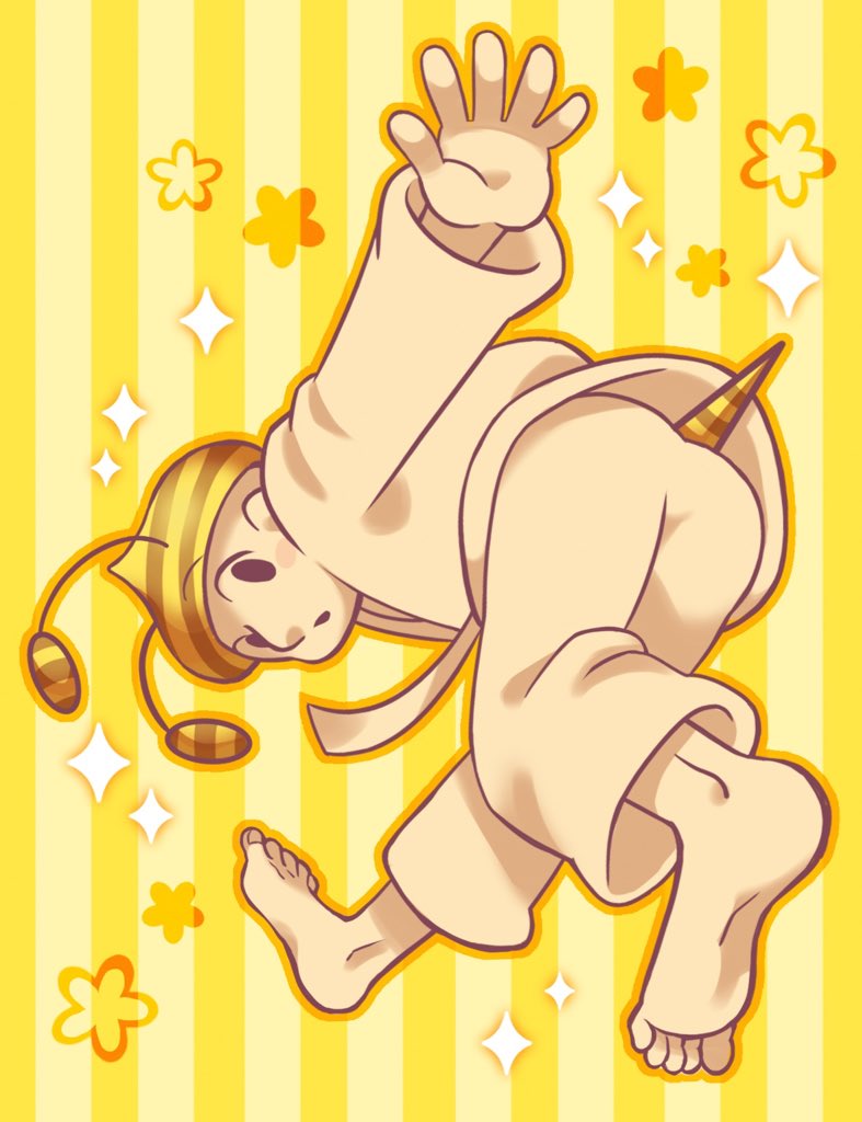 1boy animal_hat barefoot bee_boy bee_costume bent_over blush_stickers dougi flower_(symbol) hat karate_joe looking_at_viewer looking_back nintendo open_mouth rhythm_heaven rhythm_tengoku rhythm_tengoku_the_best+ solid_oval_eyes sparkle stinger striped striped_background super_mario_galaxy white_skin yellow_background