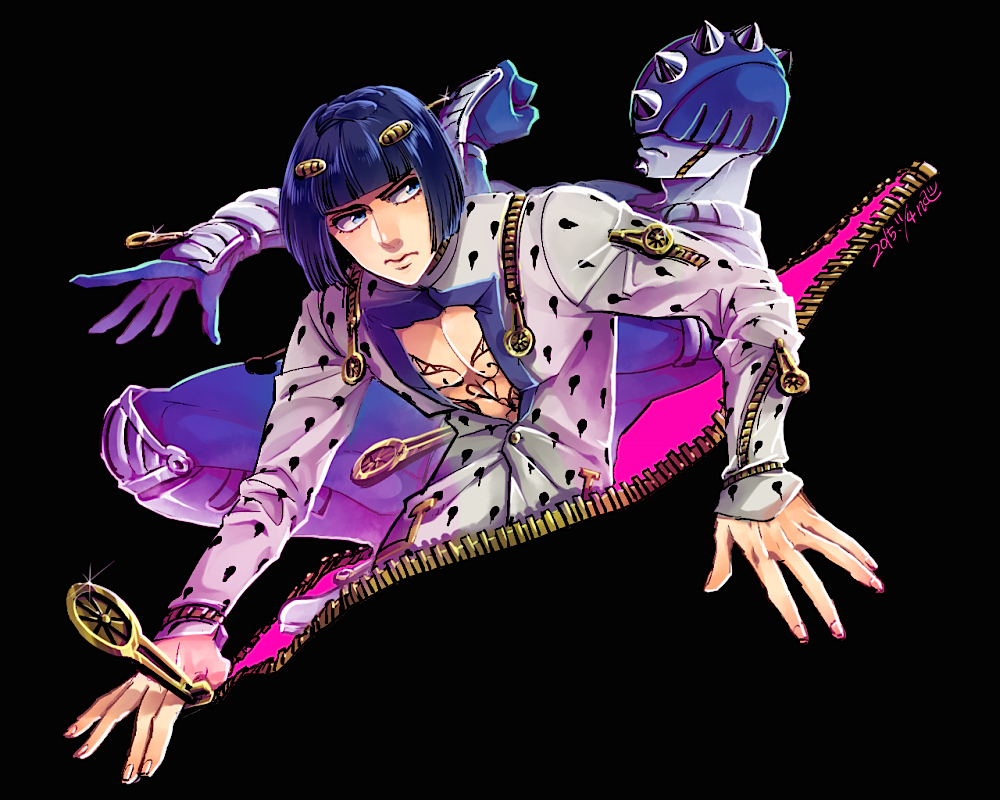 1boy blue_eyes blue_hair bob_cut bruno_bucciarati hair_ornament hairclip jojo_no_kimyou_na_bouken male_focus nishiyama_(whatsoy) stand_(jojo) sticky_fingers_(stand) zipper