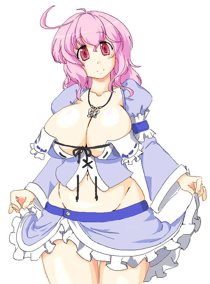 1girl ahoge alternate_costume blush breasts commentary_request large_breasts looking_at_viewer lute_(apocalypselibrary) midriff pink_eyes pink_hair plump saigyouji_yuyuko short_hair smile solo touhou