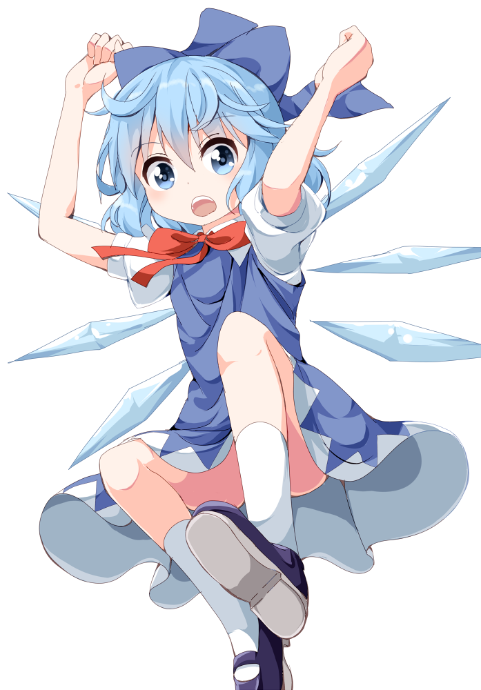 1girl arms_up blue_dress blue_eyes blue_hair bow cirno collared_shirt convenient_leg dress hair_bow ice ice_wings legs mary_janes open_mouth puffy_short_sleeves puffy_sleeves ruu_(tksymkw) shirt shoes short_hair short_sleeves simple_background sleeveless sleeveless_dress socks solo teeth thighs tongue touhou white_background white_legwear wings