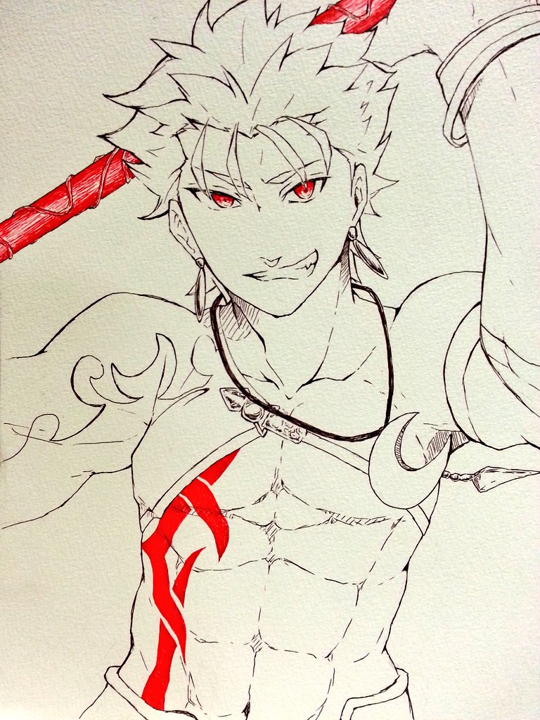 1boy abs arm_up bracelet chest_tattoo crescent_moon_pin earrings facing_viewer fate/stay_night fate_(series) gae_bolg grin holding_weapon jewelry kokesakeko lancer looking_at_viewer necklace no_shirt polearm red_eyes simple_background six_pack smile solo spear spot_color tattoo traditional_media upper_body weapon