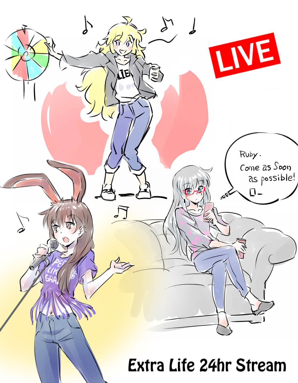 3girls ball cellphone clothes_writing highres iesupa microphone multiple_girls musical_note phone roulette rwby seiyuu_connection singing smartphone velvet_scarlatina weiss_schnee yang_xiao_long