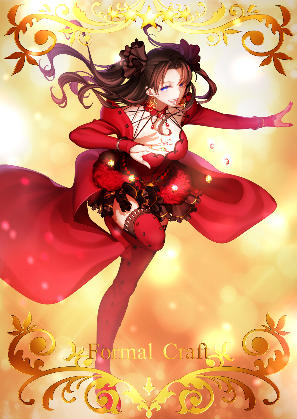 1girl :d arkray bangs black_hair blue_eyes border bracelet brown_hair dress earrings eyelashes fate/grand_order fate/stay_night fate_(series) frills gem hair_ornament hair_ribbon highres jewelry levitation long_hair long_sleeves looking_at_viewer open_mouth parted_bangs polka_dot polka_dot_legwear red_dress red_legwear ribbon ring shade smile solo standing_on_one_leg star teeth text thigh-highs toosaka_rin two_side_up zettai_ryouiki