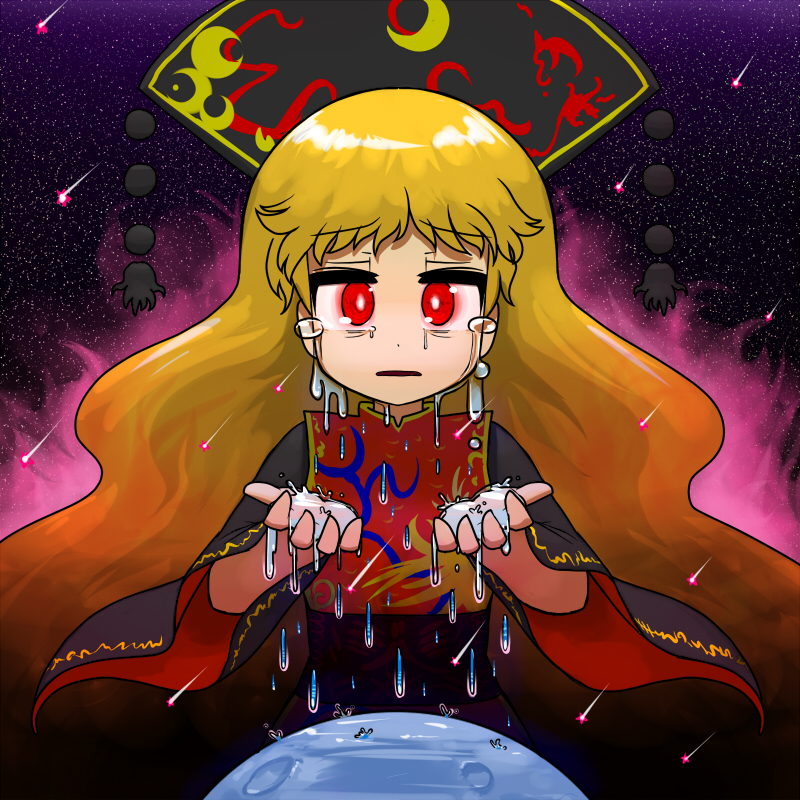 1girl animal_print aura bags_under_eyes big_hair black_dress blonde_hair chinese_clothes cowboy_shot crescent crying crying_with_eyes_open danmaku dress giantess hat junko_(touhou) long_hair long_sleeves looking_at_viewer moon ninniku_(ninnniku105) obi open_mouth red_eyes sash solo space star star_(sky) streaming_tears tabard teardrop tears touhou very_long_hair wide_sleeves