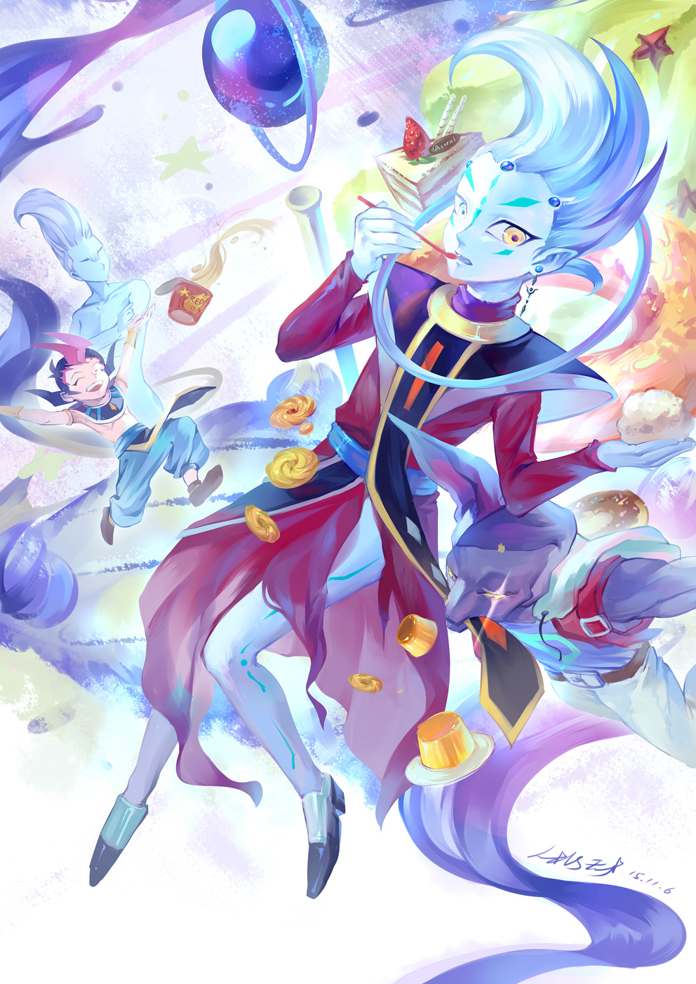 4boys animal_ears astral_(yuu-gi-ou_zexal) beerus beerus_(cosplay) biting black_hair blue_skin cake cat_ears closed_eyes cosplay costume_switch dated doughnut dragon_ball dragon_ball_z earrings egyptian_clothes facial_mark food highres jewelry li_jing multicolored_hair multiple_boys nude open_mouth outstretched_arms pink_hair ramen robe signature smile sparkling_eyes staff star tsukumo_yuuma tsukumo_yuuma_(cosplay) two-tone_hair wafer_stick whis whis_(cosplay) white_hair wrist_cuffs yellow_eyes yuu-gi-ou yuu-gi-ou_zexal