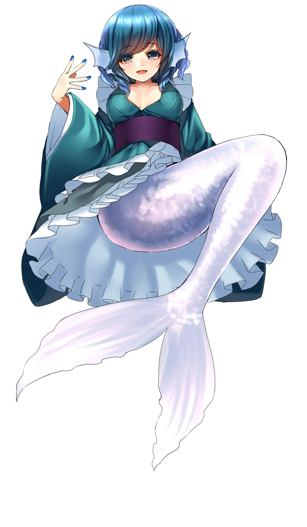 1girl blue_eyes blue_hair blue_nails breasts fish head_fins highres japanese_clothes kanzaki_maguro kimono large_breasts looking_at_viewer mermaid monster_girl nail_polish obi open_mouth sash smile solo touhou wakasagihime white_background