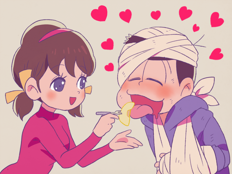 1boy 1girl arm_sling bandaged_head bandages black_hair blue_eyes brown_hair feeding food fruit grey_background hair_ribbon hairband heart hetero karamatsu osomatsu-kun osomatsu-san pear ribbon shinonoko_(tubamecider) simple_background smile tongue tongue_out totoko_(osomatsu-kun) upper_body