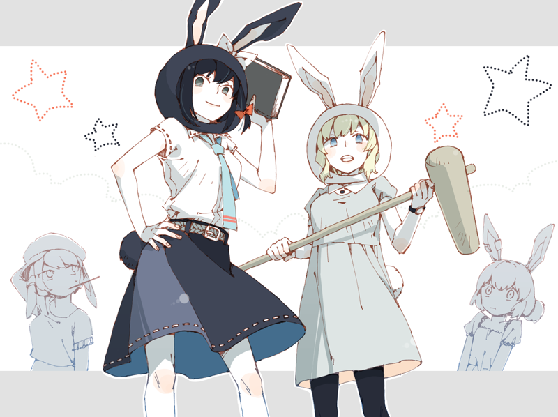 4girls animal_ears asahi_(uwa) blonde_hair blue_eyes bow brown_eyes brown_hair dress ear_clip fake_animal_ears flat_cap hair_bow hat kine long_hair maribel_hearn midriff multiple_girls necktie pantyhose rabbit_ears ribbon ringo_(touhou) seiran_(touhou) shirt short_hair skirt smile star touhou usami_renko