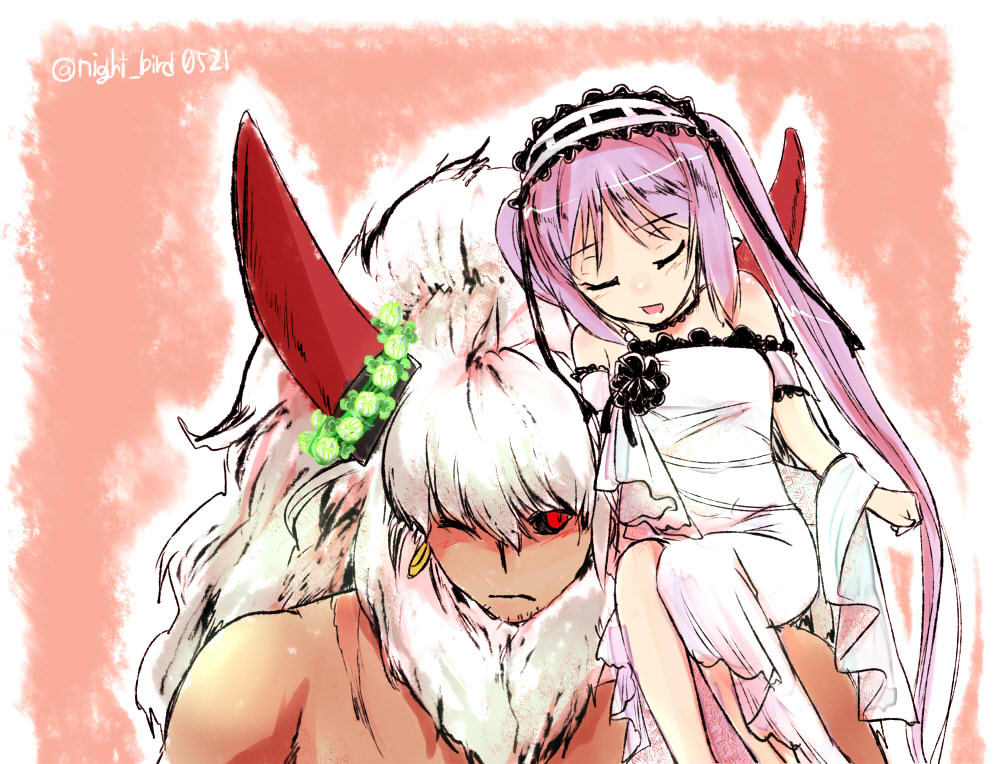 1boy 1girl asterios_(fate/grand_order) black_sclera carrying dress euryale fate/grand_order fate_(series) headdress horns long_hair one_eye_closed purple_hair red_eyes shoulder_carry size_difference smile topless twintails white_hair wreath yorutori