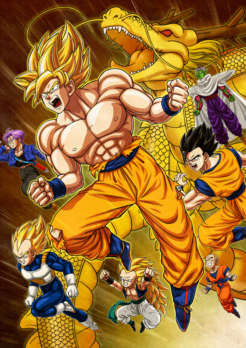 abs armor bald bare_chest black_eyes black_hair blonde_hair boots cape clenched_hands dougi dragon dragon_ball dragon_ball_z gloves glowing gotenks green_eyes highres jacket kuririn long_hair male_focus muscle open_mouth piccolo pointy_ears purple_hair sheath shenron shirtless shoulder_pads son_gohan son_gokuu speed_lines spiky_hair super_saiyan super_saiyan_3 sword torn_clothes trunks_(dragon_ball) turban umelim vegeta very_long_hair vest weapon white_boots white_gloves widow's_peak wristband