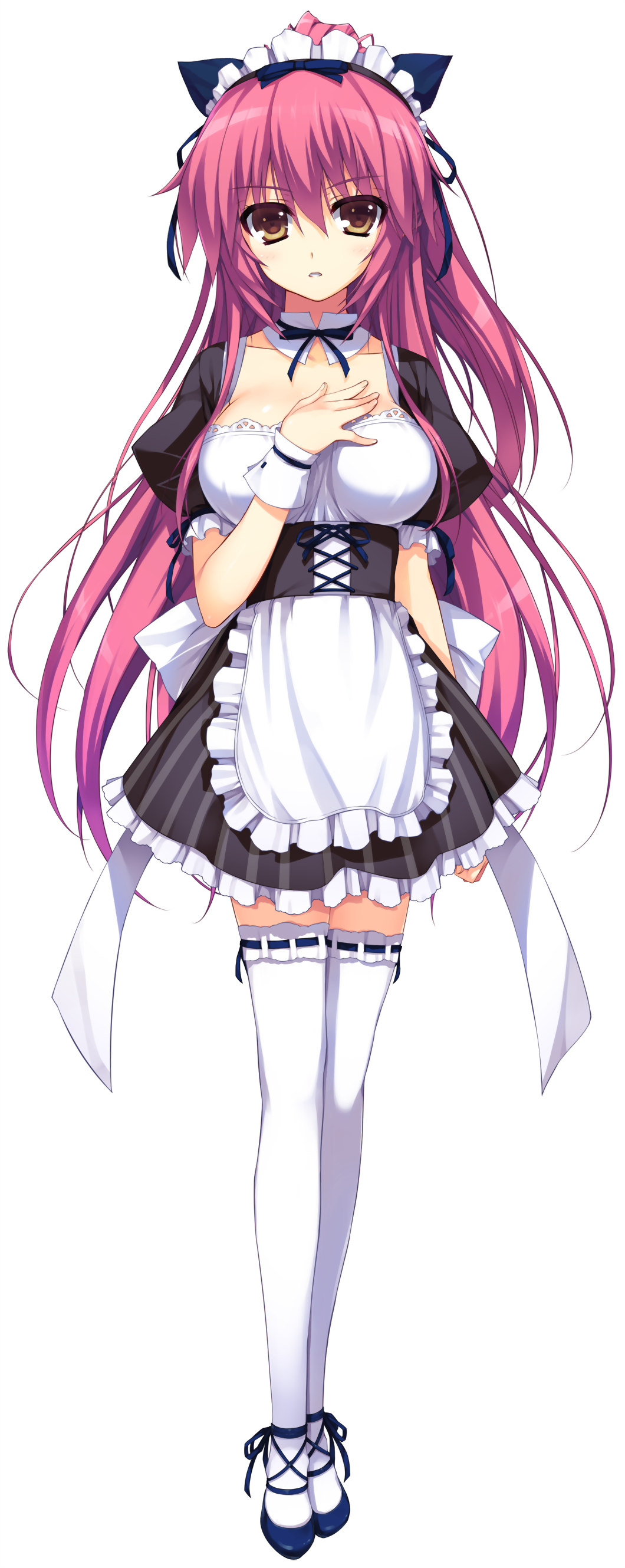1girl absurdres akusera breasts detached_collar detached_sleeves full_body hand_on_own_chest highres large_breasts long_hair looking_at_viewer maid maid_headdress pink_hair ponytail reminiscence shoes simple_background thigh-highs tomose_shunsaku transparent_background white_legwear wrist_cuffs zettai_ryouiki
