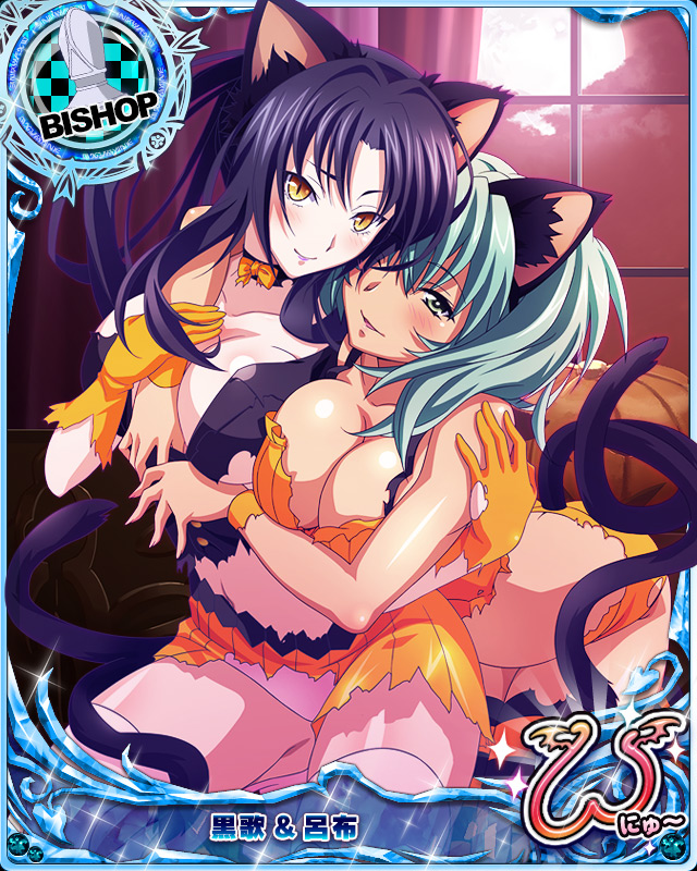2girls animal_ears artist_request black_hair breasts card_(medium) cat_ears cat_tail character_name chess_piece green_eyes green_hair halloween high_school_dxd high_school_dxd_new ikkitousen ikkitousen_great_guardians kuroka_(high_school_dxd) large_breasts midriff multiple_girls multiple_tails official_art one_eye_closed orange_gloves ryofu_housen tail thigh-highs torn_clothes trading_card twintails wristband yellow_eyes