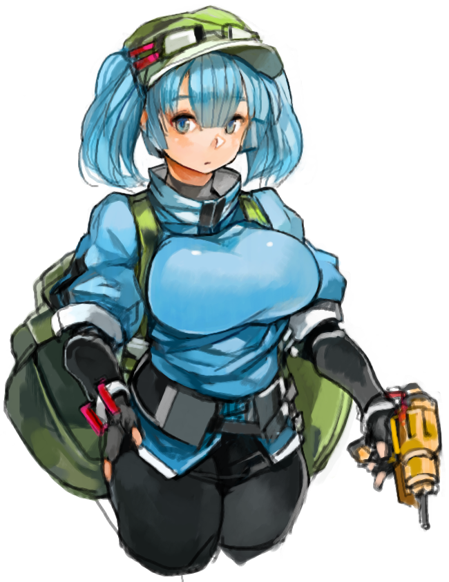 1girl adapted_costume backpack bag black_gloves black_pants blue_eyes blue_hair breasts fingerless_gloves gloves hat holding kawashiro_nitori large_breasts pants power_drill sachito short_hair simple_background solo touhou trigger_discipline twintails weapon white_background