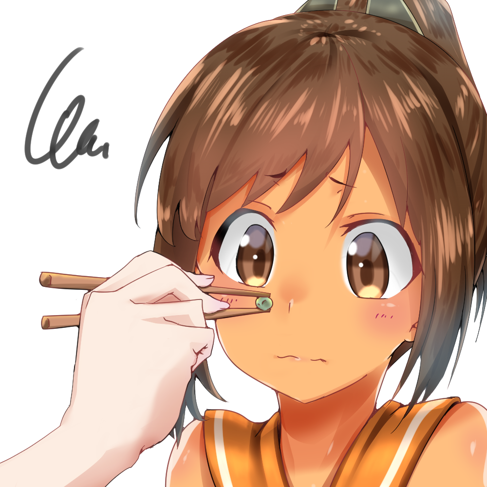 1girl brown_eyes brown_hair chopsticks close-up i-401_(kantai_collection) kantai_collection peas ponytail sailor_collar short_hair uno_ryoku