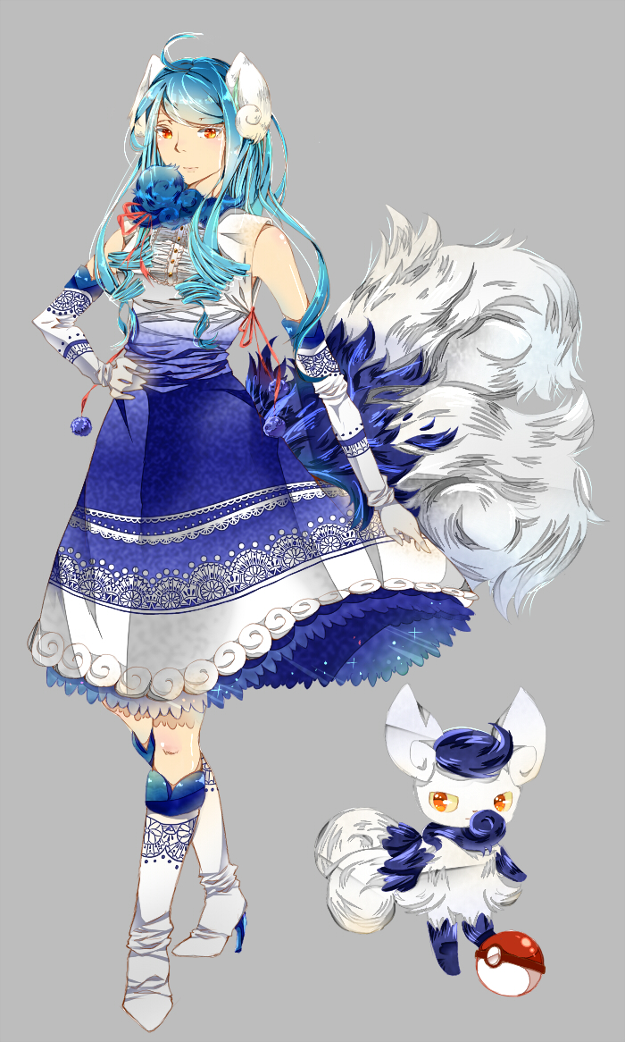 1girl ahoge blue_dress blue_hair boots bow dress elbow_gloves female gloves hair_bow hand_on_hip high_heel_boots high_heels meowstic personification poke_ball pokemon red_eyes solo tail white_boots white_gloves yellow_eyes