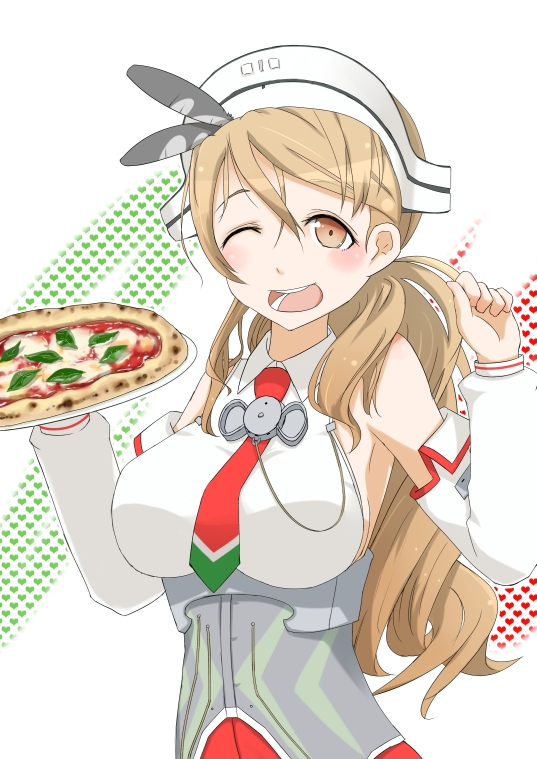 1girl ;d armpits b-man brown_eyes brown_hair food headgear kantai_collection littorio_(kantai_collection) long_hair looking_at_viewer one_eye_closed open_mouth pizza smile solo