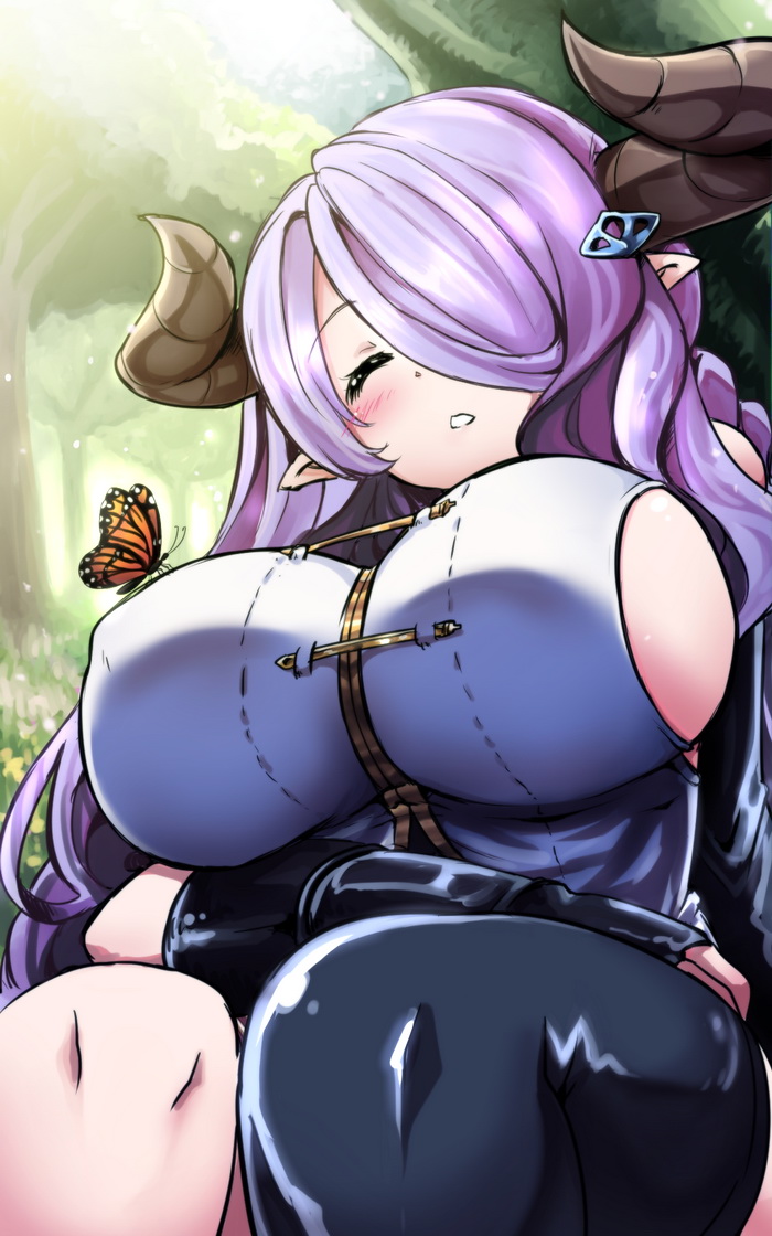 1girl ^_^ animal_on_chest blush breasts butterfly closed_eyes demon_horns fingerless_gloves gloves granblue_fantasy hair_ornament hair_over_one_eye hairclip horns large_breasts lavender_hair long_hair narumeia_(granblue_fantasy) one_eye_covered open_mouth outdoors pointy_ears purple_hair rayno sideboob single_thighhigh sleeping sleeveless solo thigh-highs tree