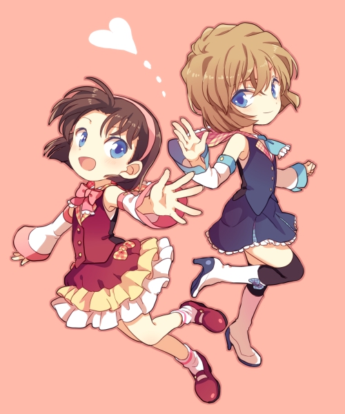 :d akiyoshi_(tama-pete) alternate_costume ascot bangs black_legwear blue_eyes blue_skirt blue_vest boots bow brown_hair buttons closed_mouth detached_sleeves frilled_skirt frills full_body haibara_ai hairband heart high_heel_boots high_heels looking_at_viewer mary_janes meitantei_conan open_mouth plaid plaid_bow plaid_collar red_shoes red_skirt red_vest shoes short_hair skirt skirt_set sleeveless smile socks thigh-highs vest white_boots white_legwear yoshida_ayumi