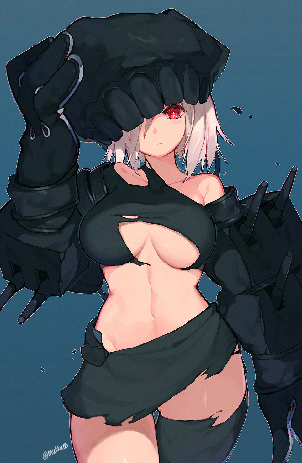 1girl ass_visible_through_thighs bare_shoulders black_gloves blue_background breasts collarbone gloves groin hand_on_headwear headgear highres kantai_collection looking_at_viewer midriff mukka navel one_eye_covered personification red_eyes shinkaisei-kan shirt short_hair signature simple_background single_thighhigh solo text thigh-highs thigh_gap torn_clothes torn_shirt torn_thighhighs tsu-class_light_cruiser turret weapon white_hair